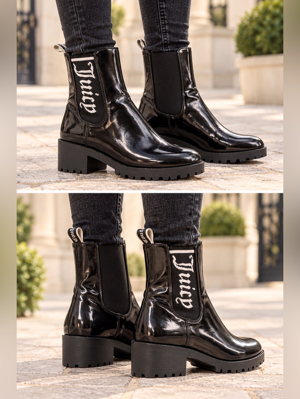 Juicy Couture One Up Black Patent Knit Logo Lug Sole Chelsea Boots Size 6.5